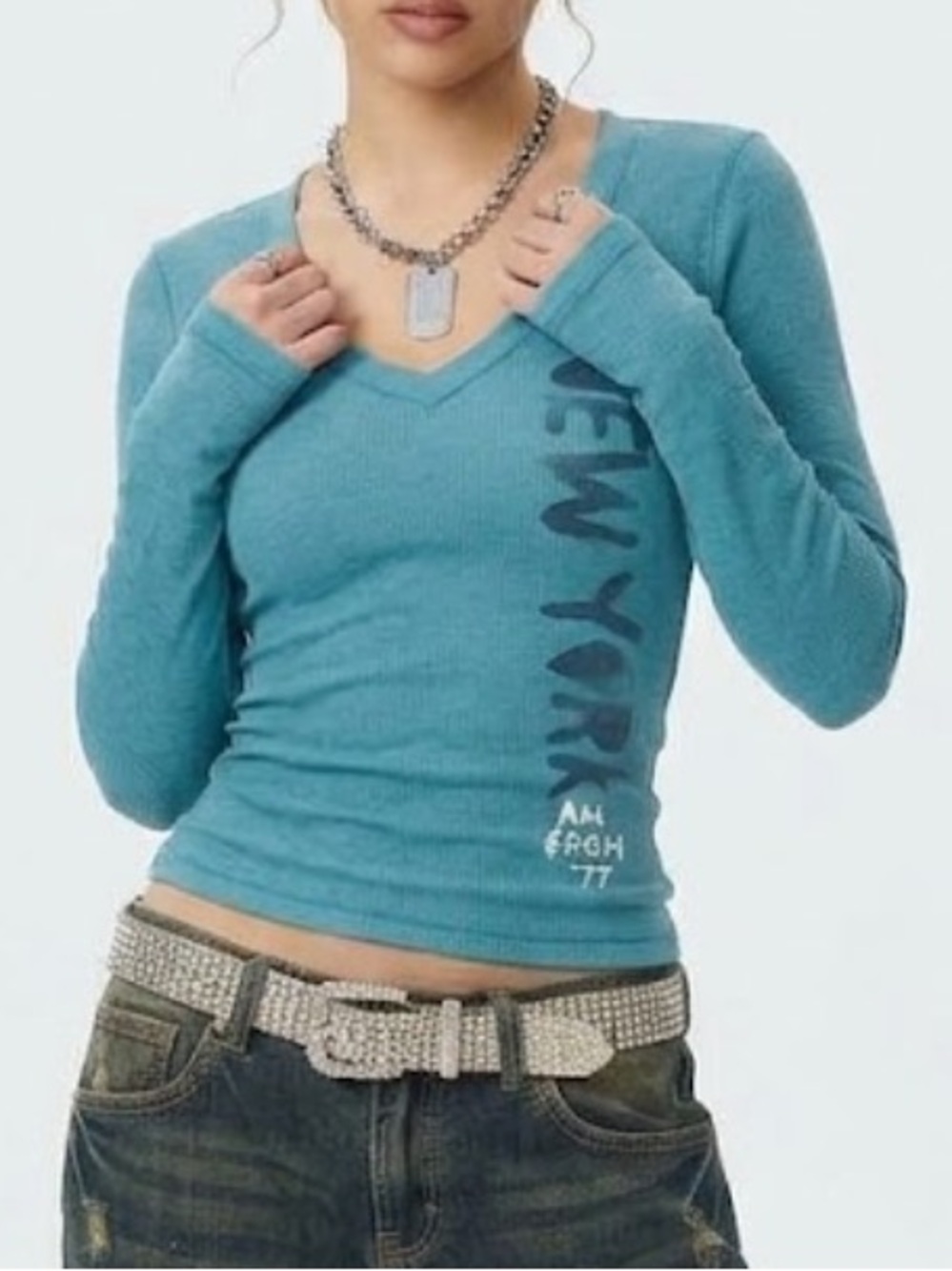 2000’s Vintage American Eagle Outfitters Women's Teal Long Sleeve Top Small